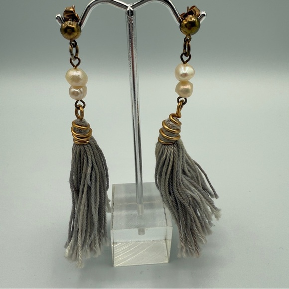 Genuine Pearl and Grey Tassel Earrings - Picture 8 of 12